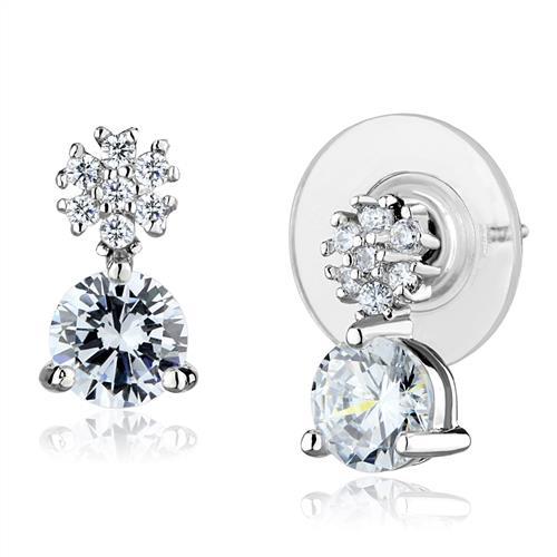 3W1283 - Rhodium Brass Earrings with AAA Grade CZ in Clear