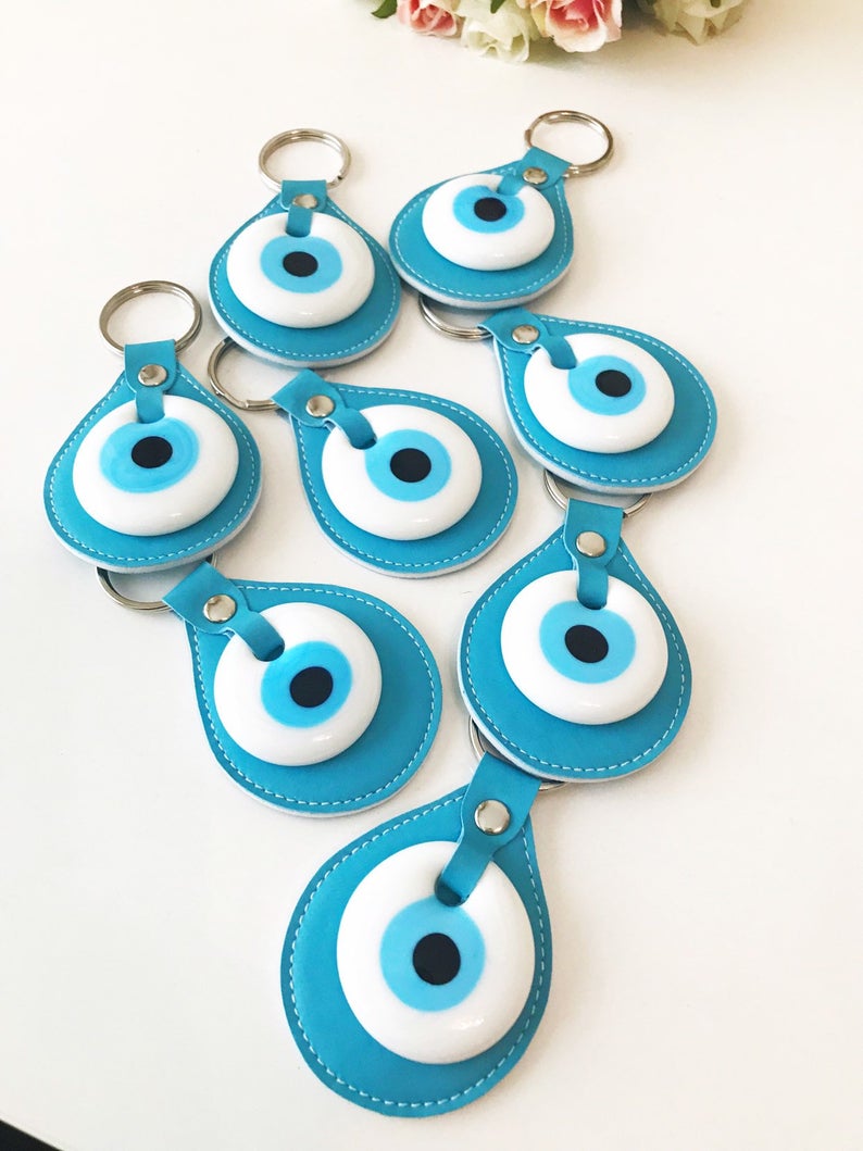 Evil eye turquoise leather keychain