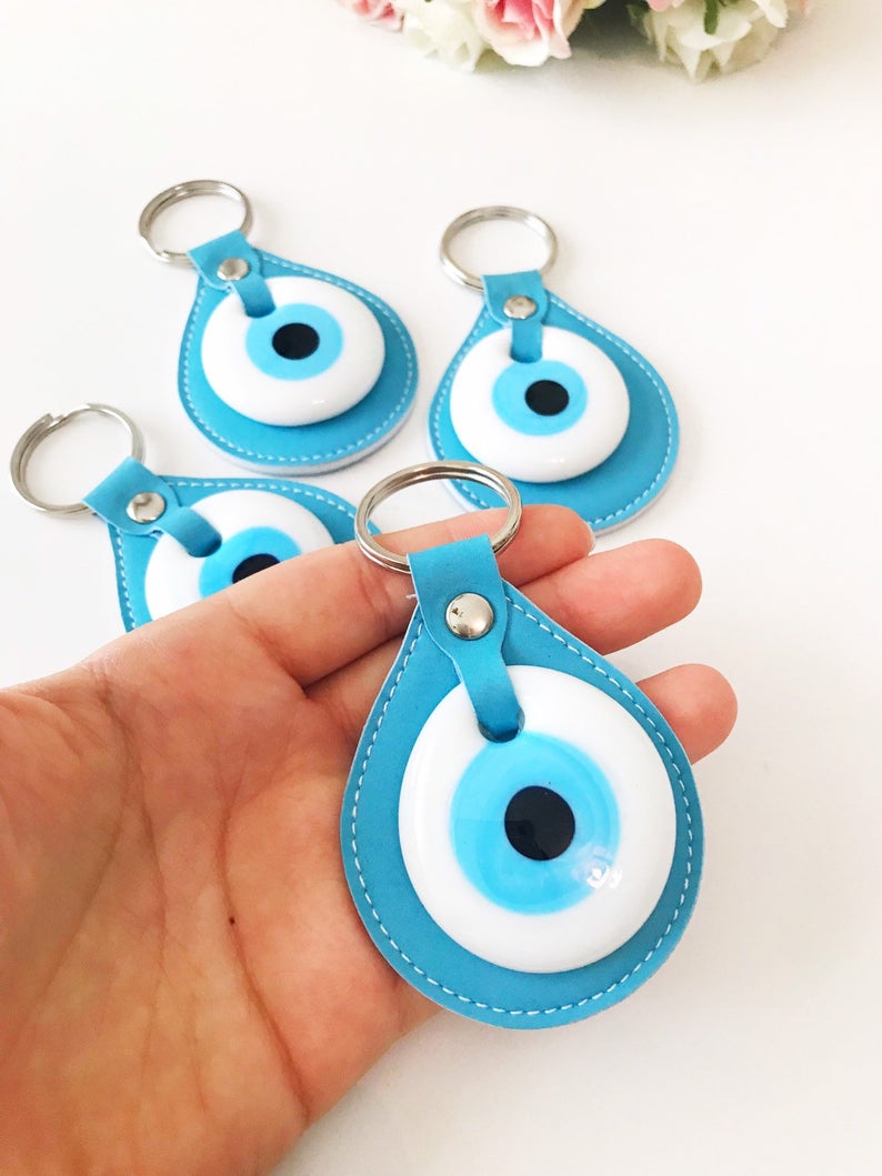 Evil eye turquoise leather keychain