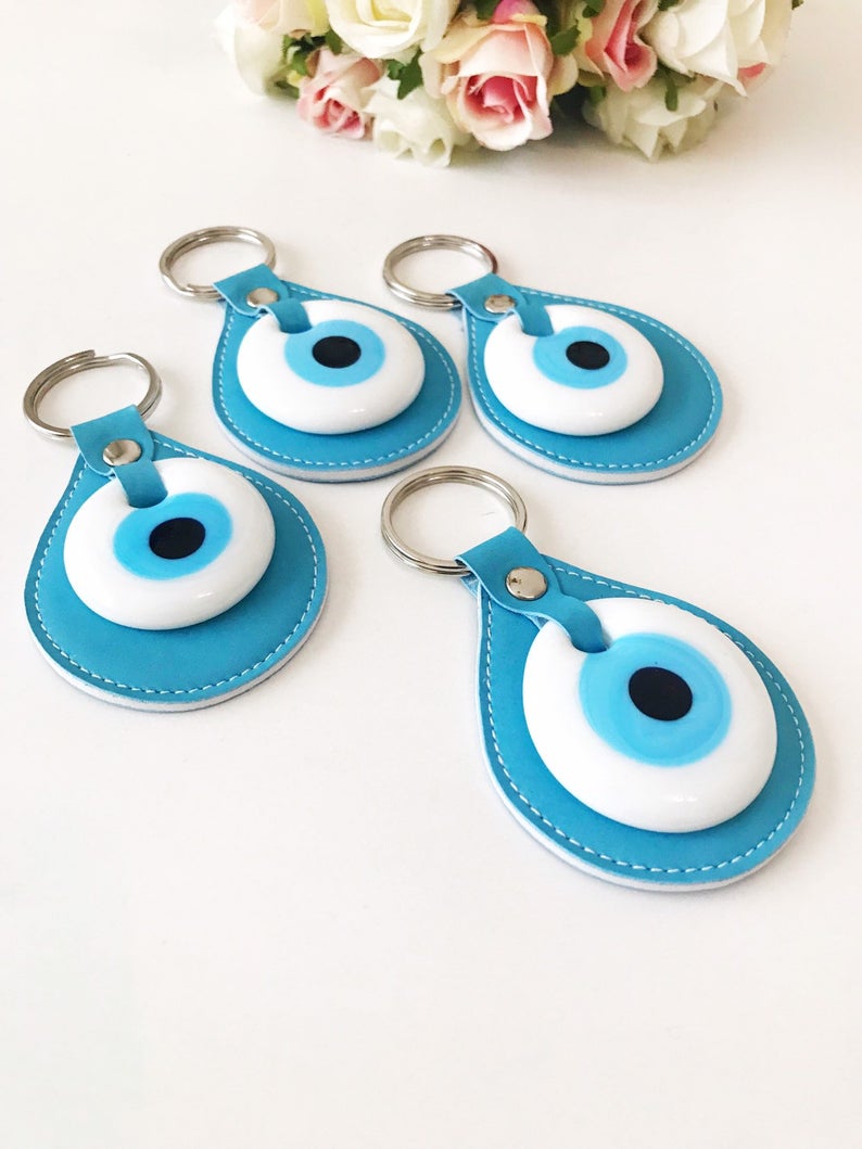 Evil eye turquoise leather keychain