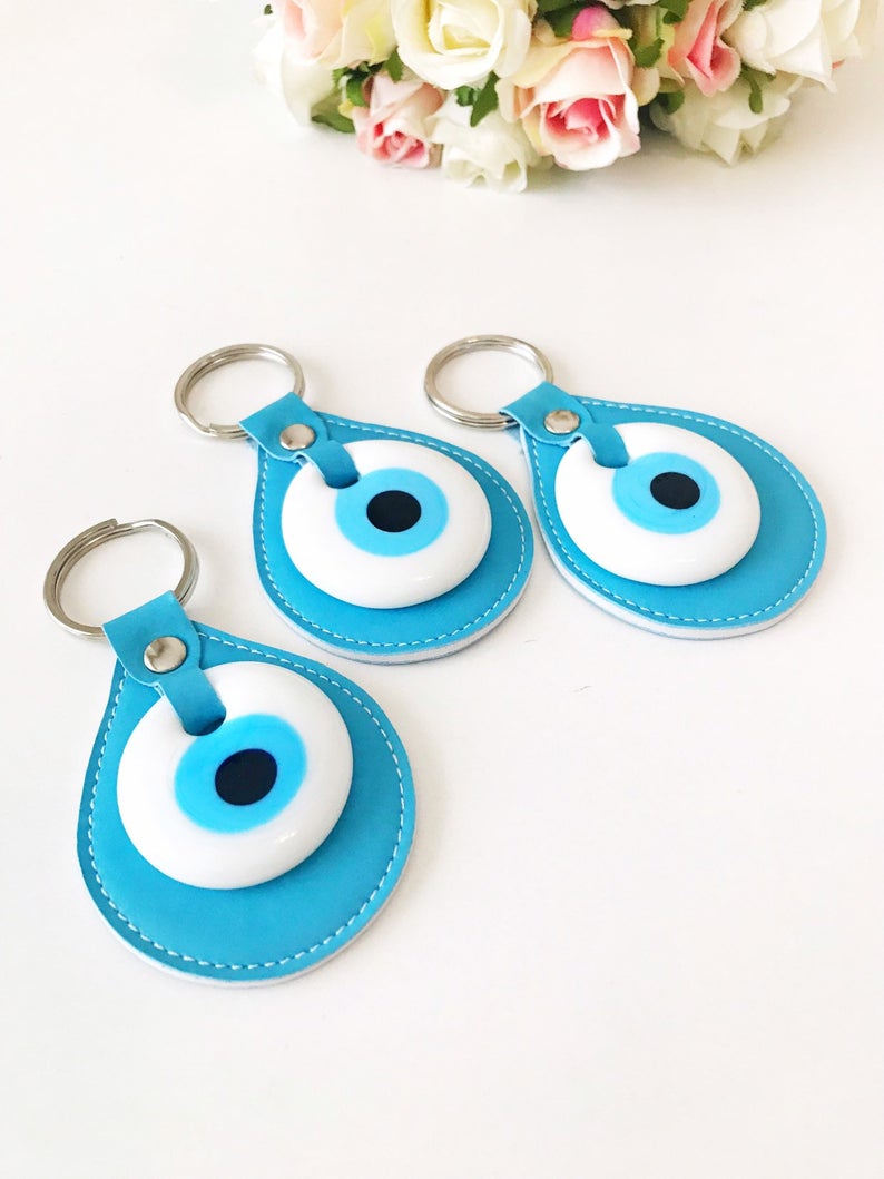 Evil eye turquoise leather keychain