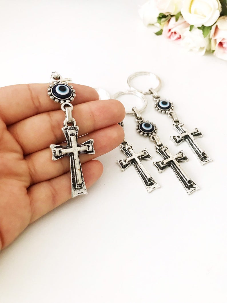 Evil eye religious cross charm keyring