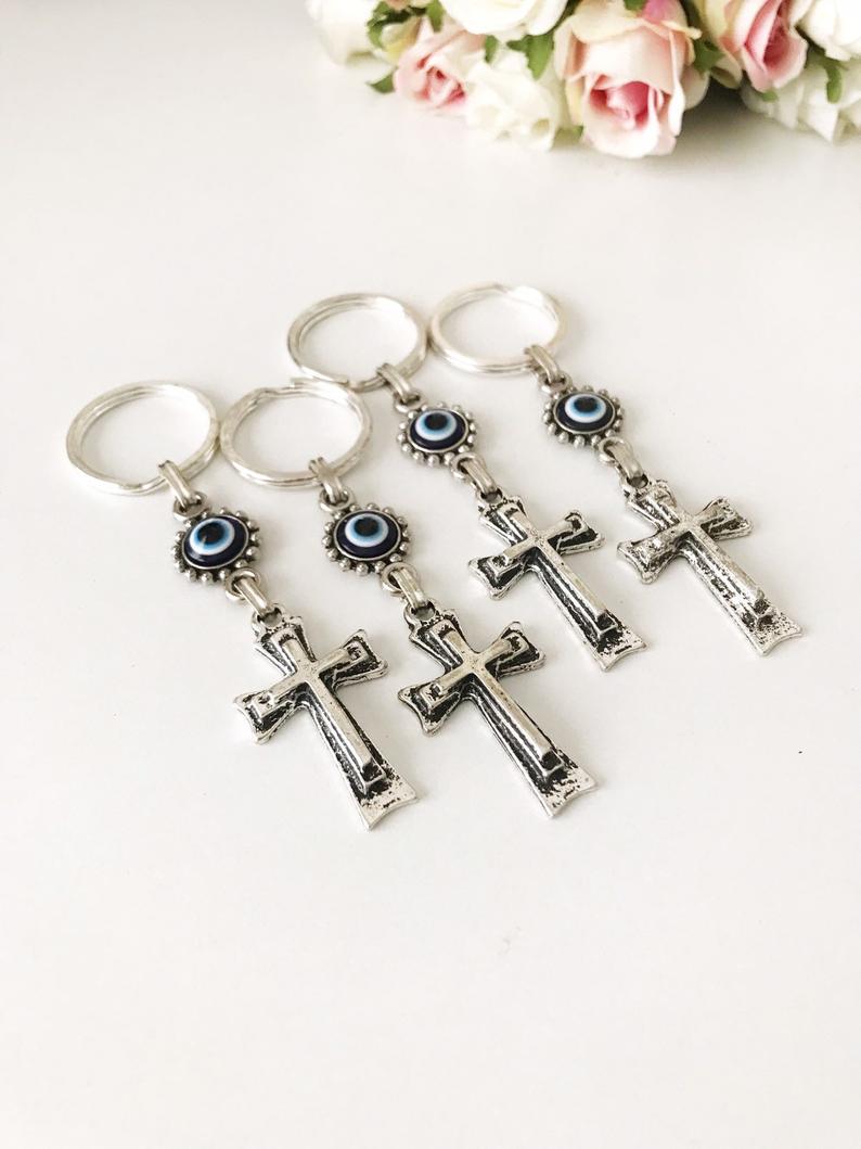 Evil eye religious cross charm keyring