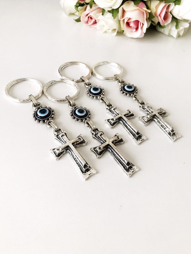 Evil eye religious cross charm keyring