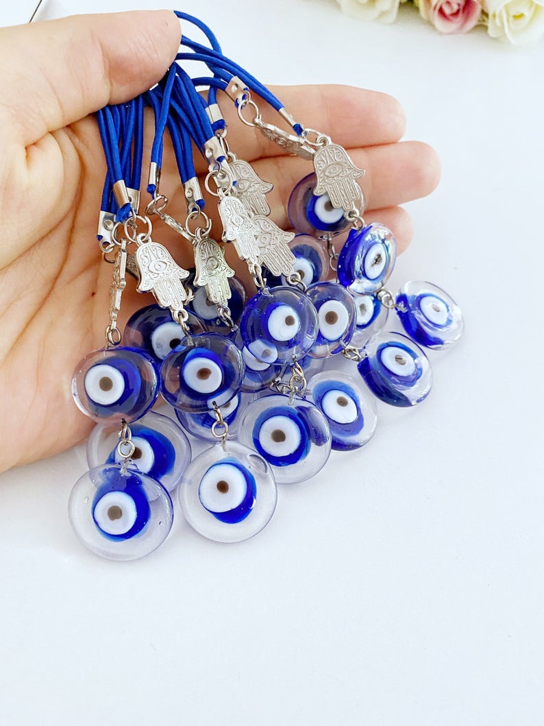 Evil Eye Car Mirror Charm, Silver Hamsa Charm, Murano Glass Evil Eye