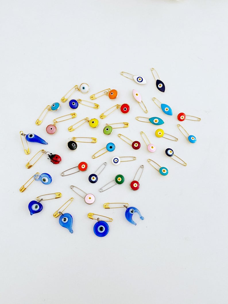 Evil Eye Safety Pin, BULK 1 to 100, Lucky Evil Eye Stroller Pin,