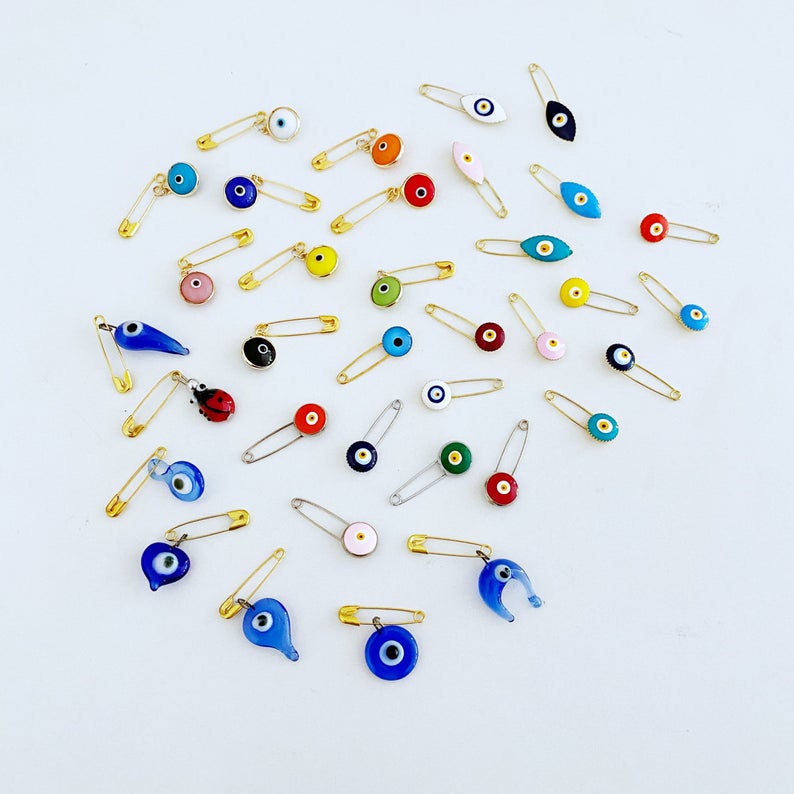 Evil Eye Safety Pin, BULK 1 to 100, Lucky Evil Eye Stroller Pin,