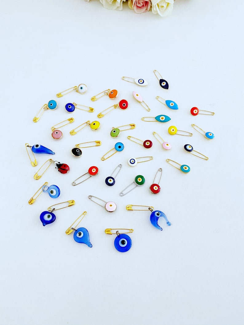 Evil Eye Safety Pin, BULK 1 to 100, Lucky Evil Eye Stroller Pin,