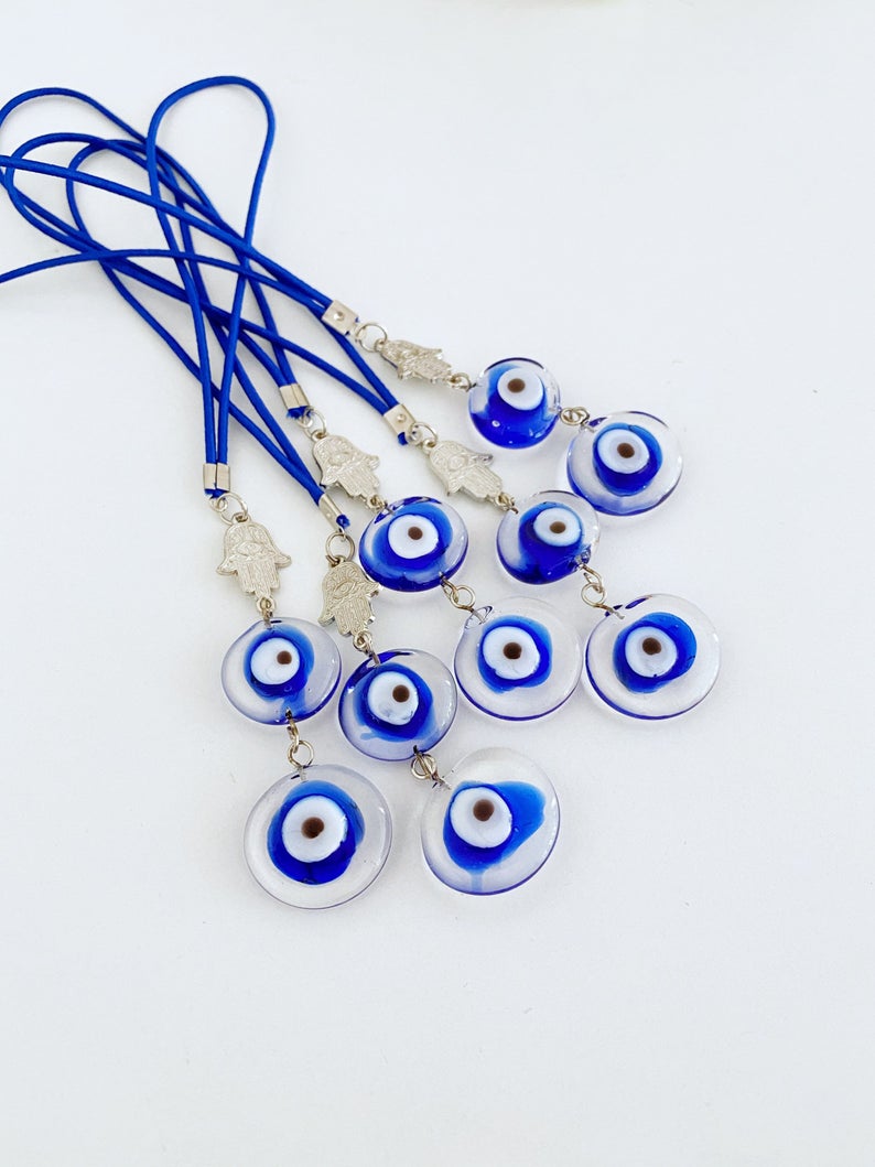 Evil Eye Car Mirror Charm, Silver Hamsa Charm, Murano Glass Evil Eye