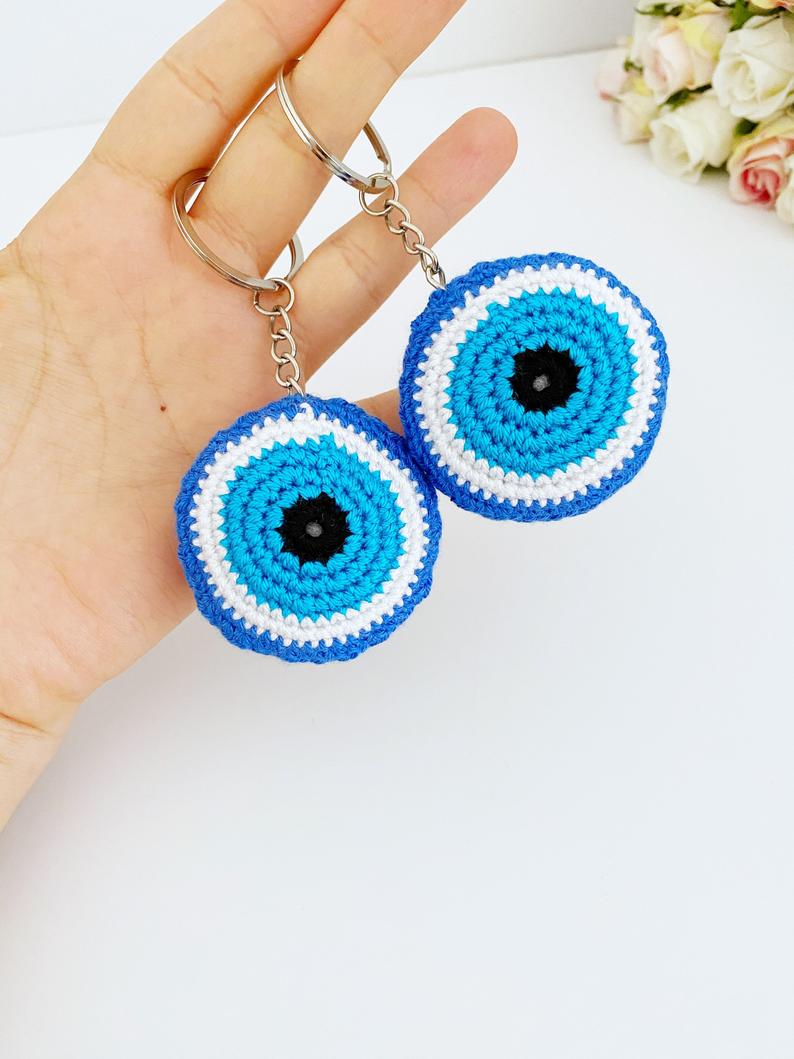 Blue Evil Eye Keychain, Macrame Keychain, Handknitting keychain