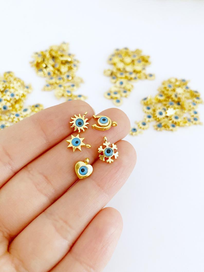 5 pcs Gold Mini Evil Eye Charm, Mini Evil Eye Pendant, Heart Star