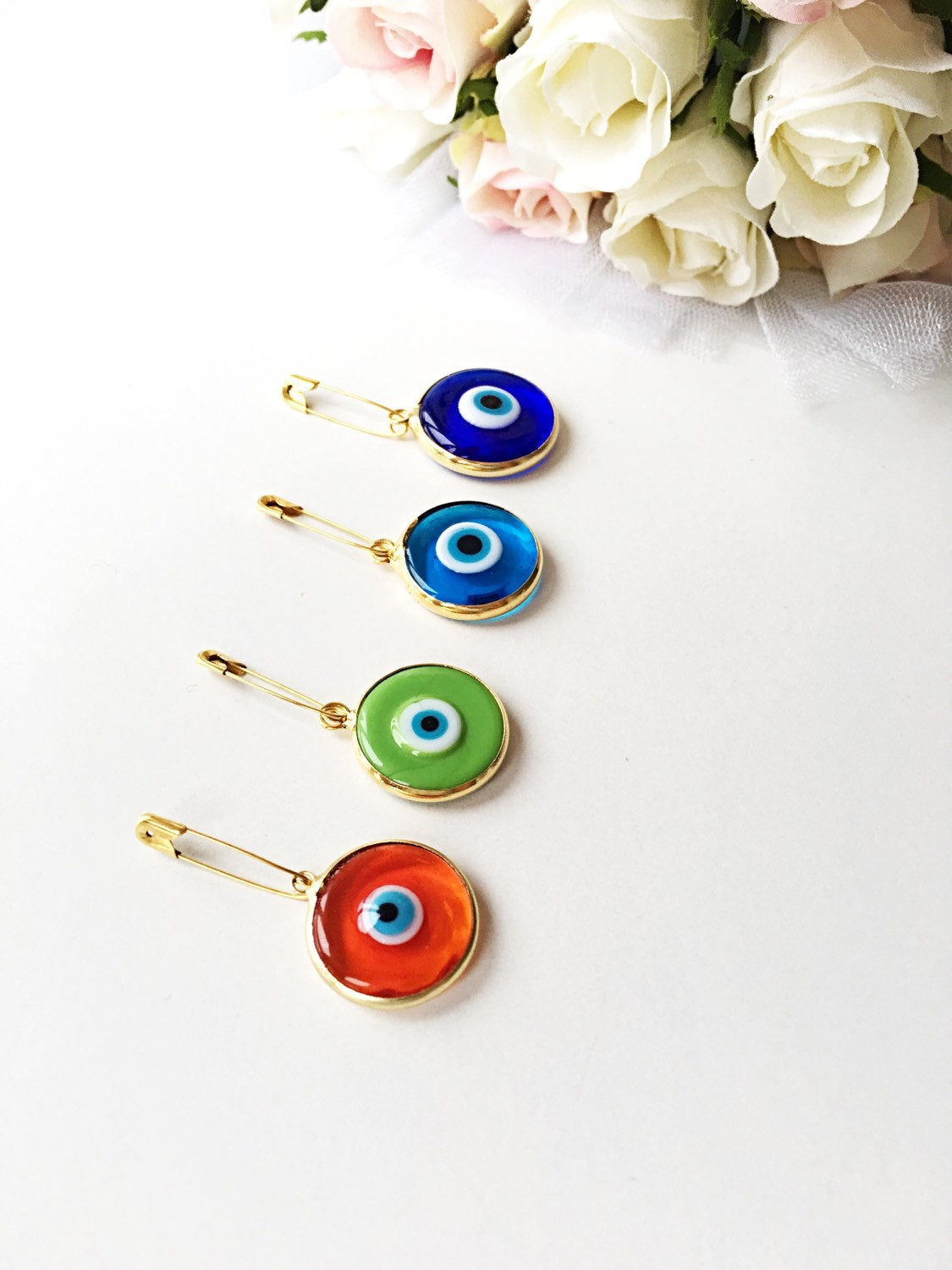 28mm Lucky evil eye safety pin, protection for baby, gold plated evil