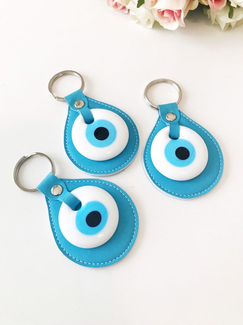 Evil eye turquoise leather keychain