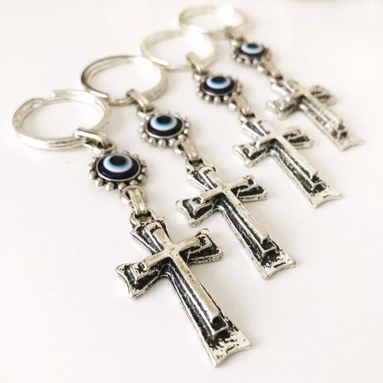 Evil eye religious cross charm keyring
