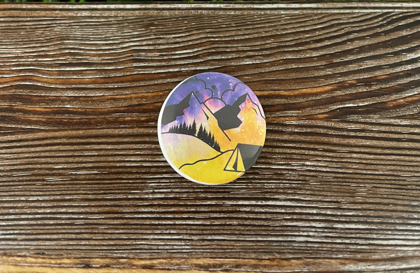 Scenic Mountain View, Graphic Art Button / Pin 1.25” , Boho Fun, Water