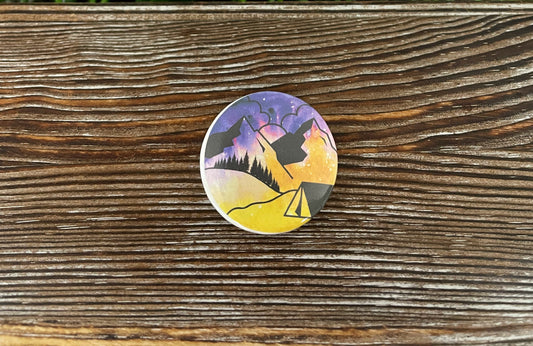 Scenic Mountain View, Graphic Art Button / Pin 1.25” , Boho Fun, Water