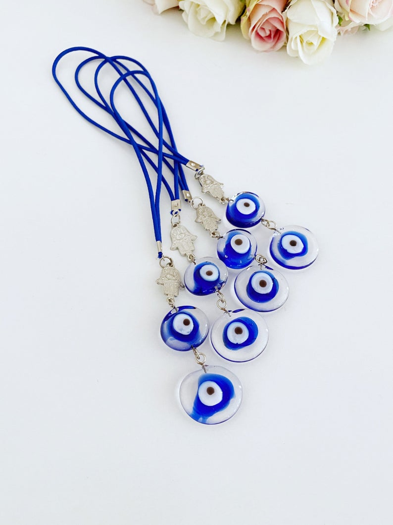 Evil Eye Car Mirror Charm, Silver Hamsa Charm, Murano Glass Evil Eye