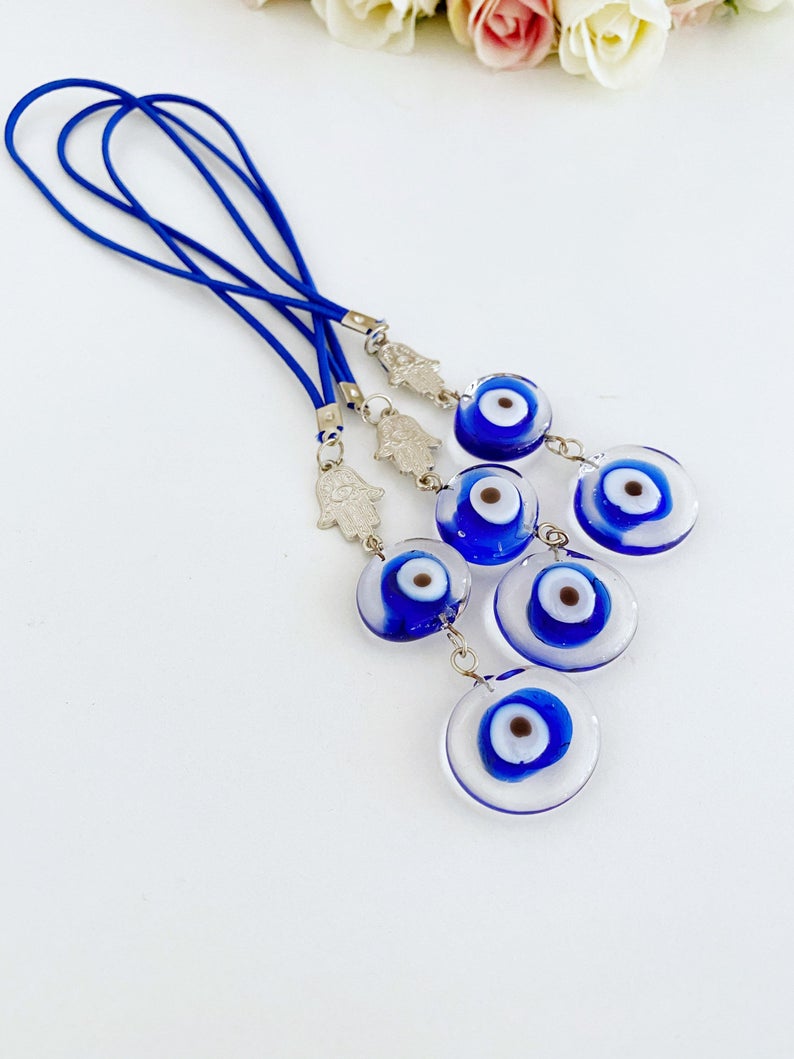 Evil Eye Car Mirror Charm, Silver Hamsa Charm, Murano Glass Evil Eye