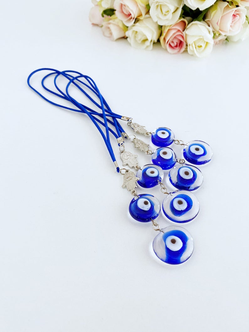Evil Eye Car Mirror Charm, Silver Hamsa Charm, Murano Glass Evil Eye