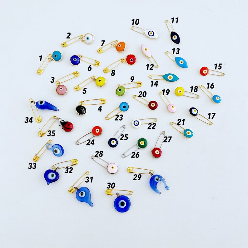 Evil Eye Safety Pin, BULK 1 to 100, Lucky Evil Eye Stroller Pin,