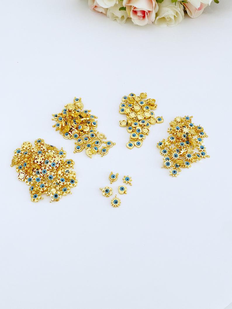 5 pcs Gold Mini Evil Eye Charm, Mini Evil Eye Pendant, Heart Star