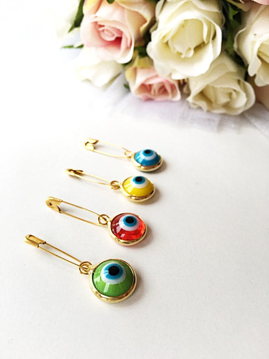 Lucky evil eye safety pin, protection for baby, gold plated evil eye