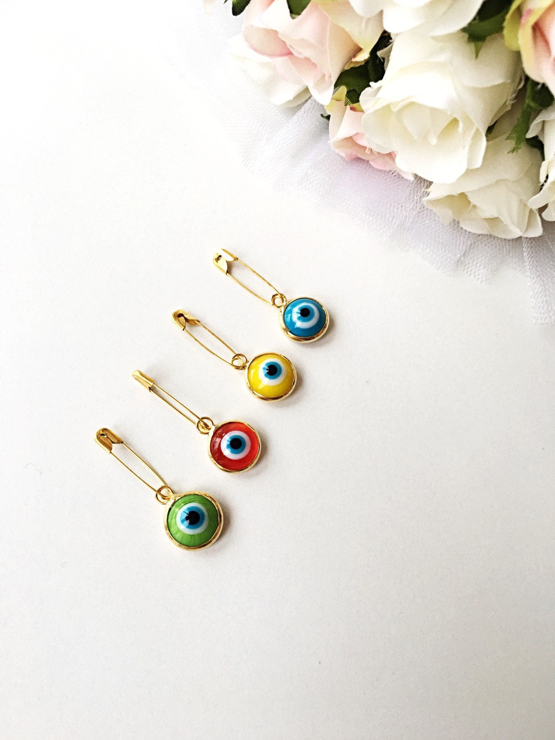Lucky evil eye safety pin, protection for baby, gold plated evil eye