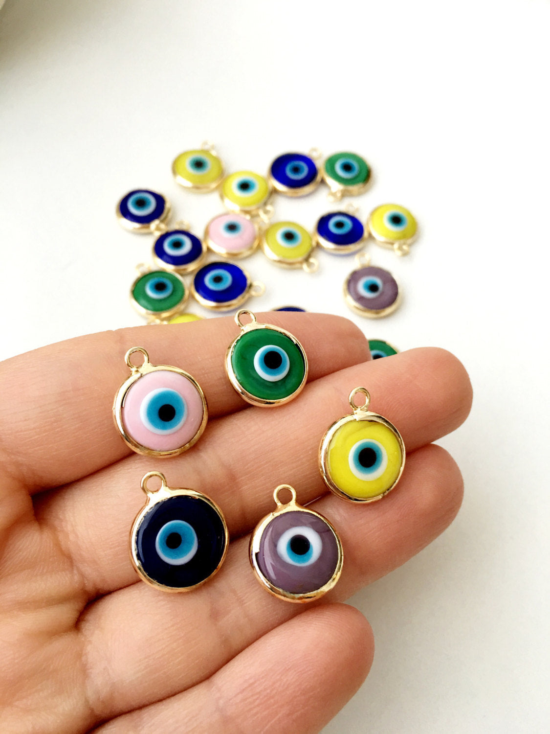 2pcs gold plated evil eye pendants, 12mm evil eye charms, glass evil