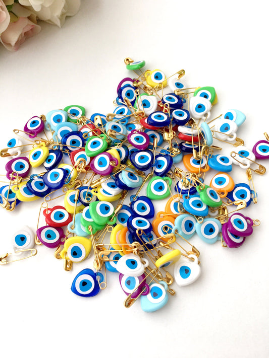 Unique wedding favor | 100 evil eye safety pins | mixed resin evil eye