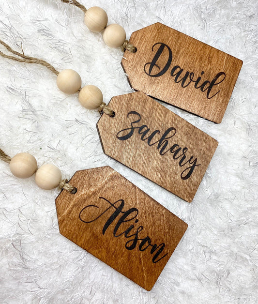 Personalized wooden gift tags, wood stocking tags, tiered tray decor,