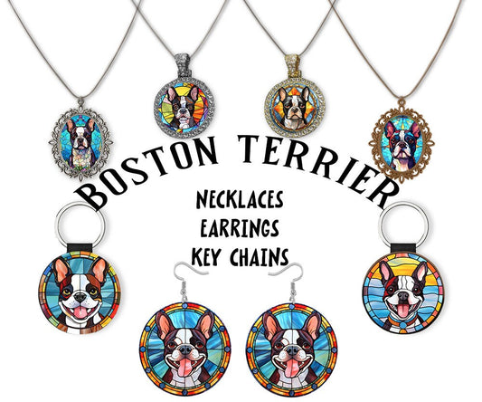 Boston Terrier Jewelry - Stained Glass Style Necklaces, Earrings and