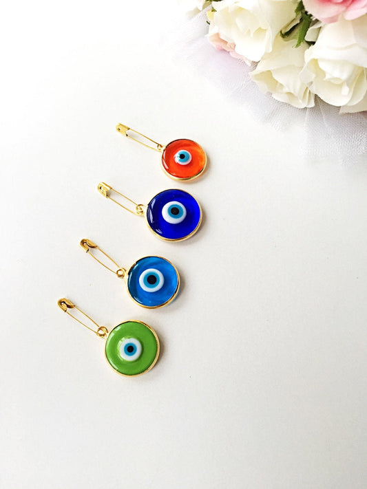 28mm Lucky evil eye safety pin, protection for baby, gold plated evil