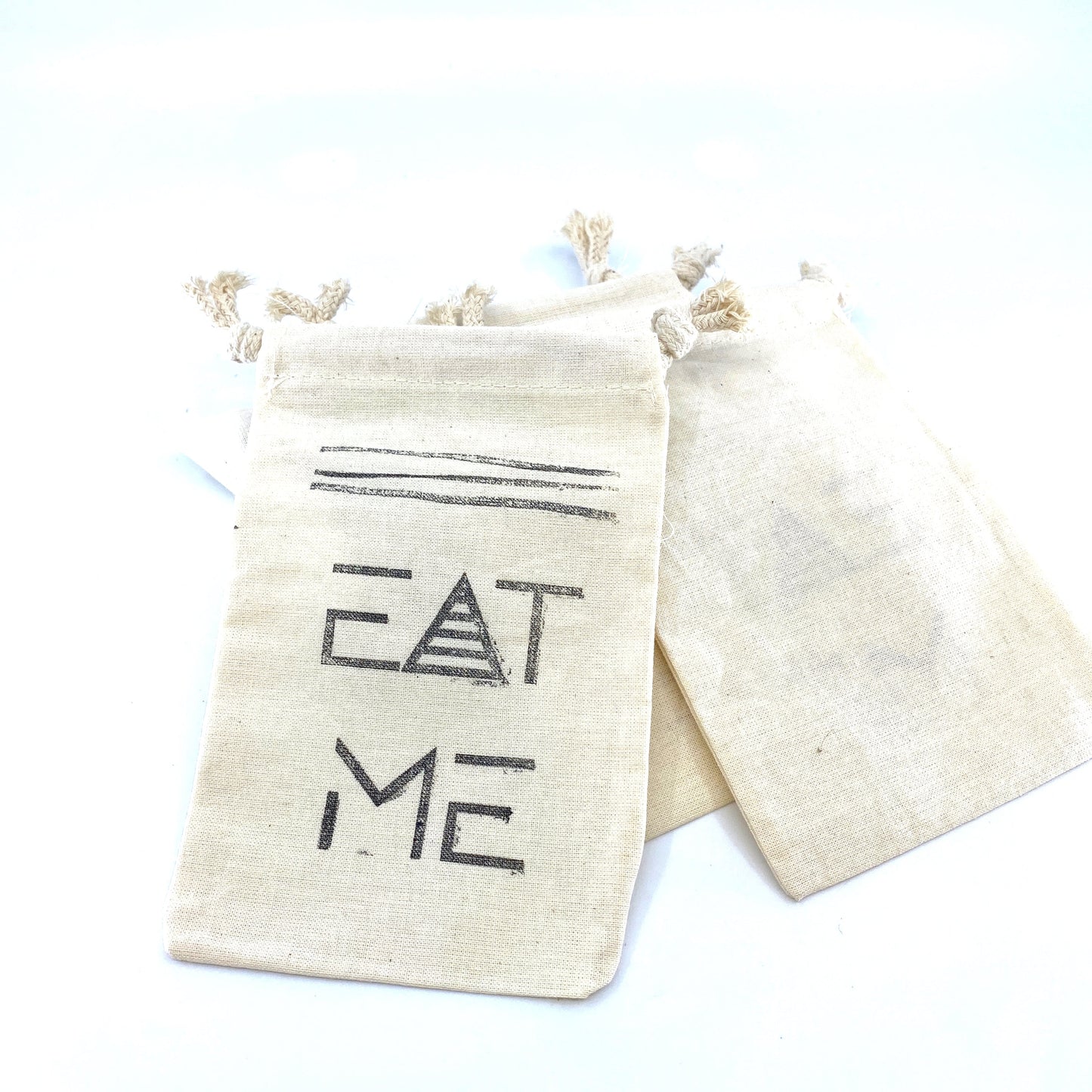 Hand Stamped, Eat Me, Cotton Drawstring Pouches 4" x 6"